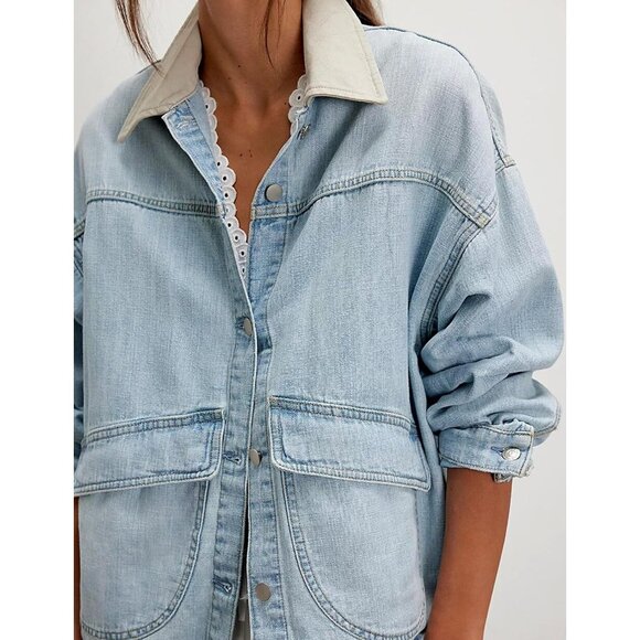 Women's Oversized Denim Jacket with Contrast Long Sleeve Button Down Light Blue - Picture 3 of 6